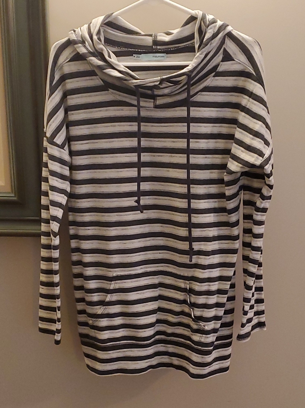 Maurices Gray and White Striped Cowl Neck Hooded Pullover